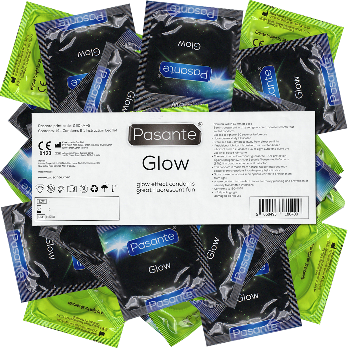 Pasante «Glow» (Vorratspackung) 144 leuchtende Kondome mit grünem Leuchteffekt