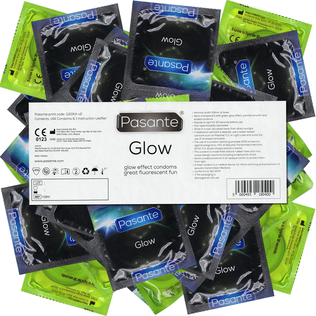 Pasante «Glow» (bulk pack) 144 fluorescent condoms with green glowing effect