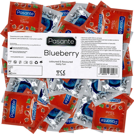Pasante «Blueberry» (Vorratspackung) 144 fruchtige Kondome mit Blaubeer-Aroma