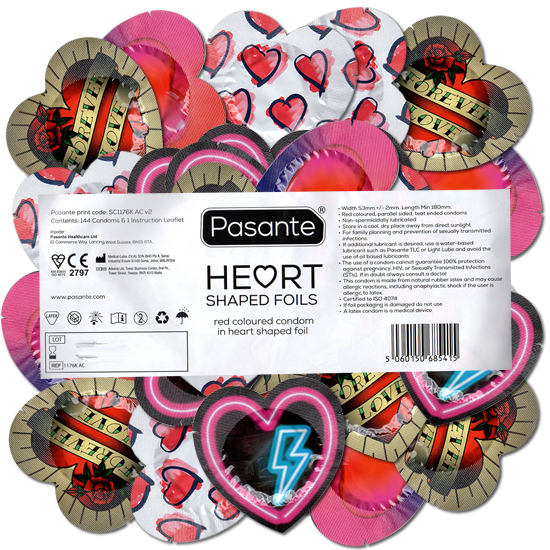 Pasante «Hearts» 144 romantic condoms for lovers, in heart-shaped foils