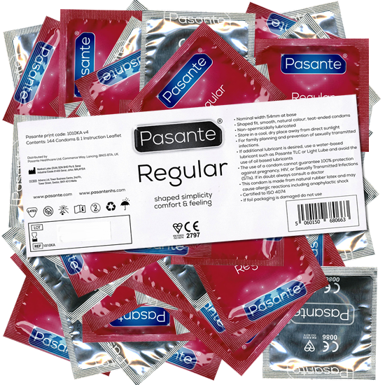 Pasante «Regular» (Vorratspackung) 144 anatomische Kondome mit besonders großem Kopfteil