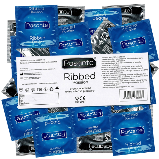 Pasante «Ribbed (Passion)» (Vorratspackung) 144 gerillte Kondome für einen besonders intensiven Orgasmus