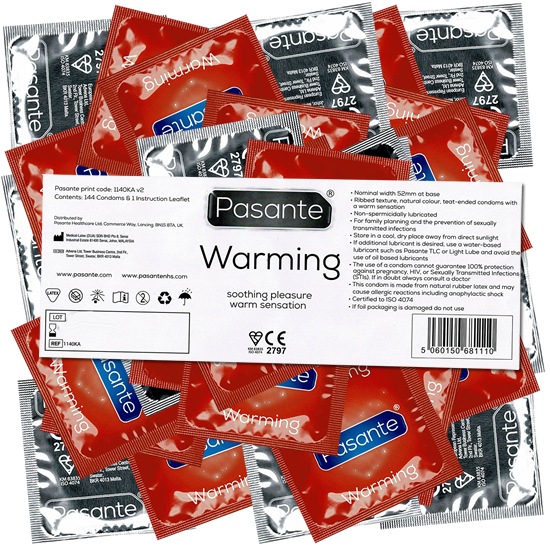 Pasante «Warming» (bulk pack) 144 ribbed condoms with special lubrication (warming)