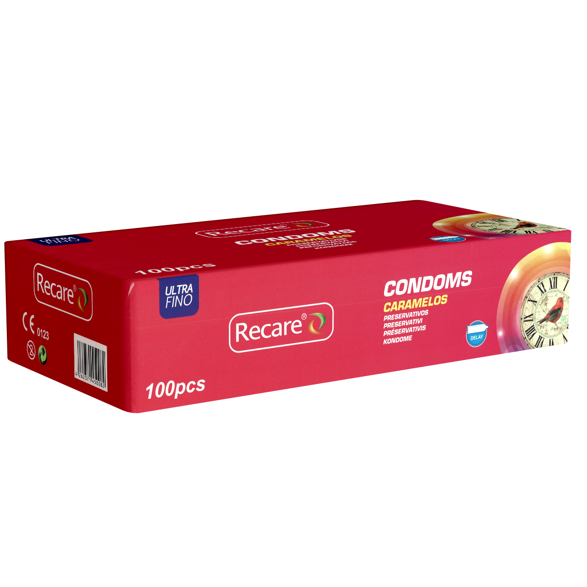 Recare Condoms «Caramelos» 100 aktverlängernde Kondome mit Karamell-Geschmack und Eugenol 