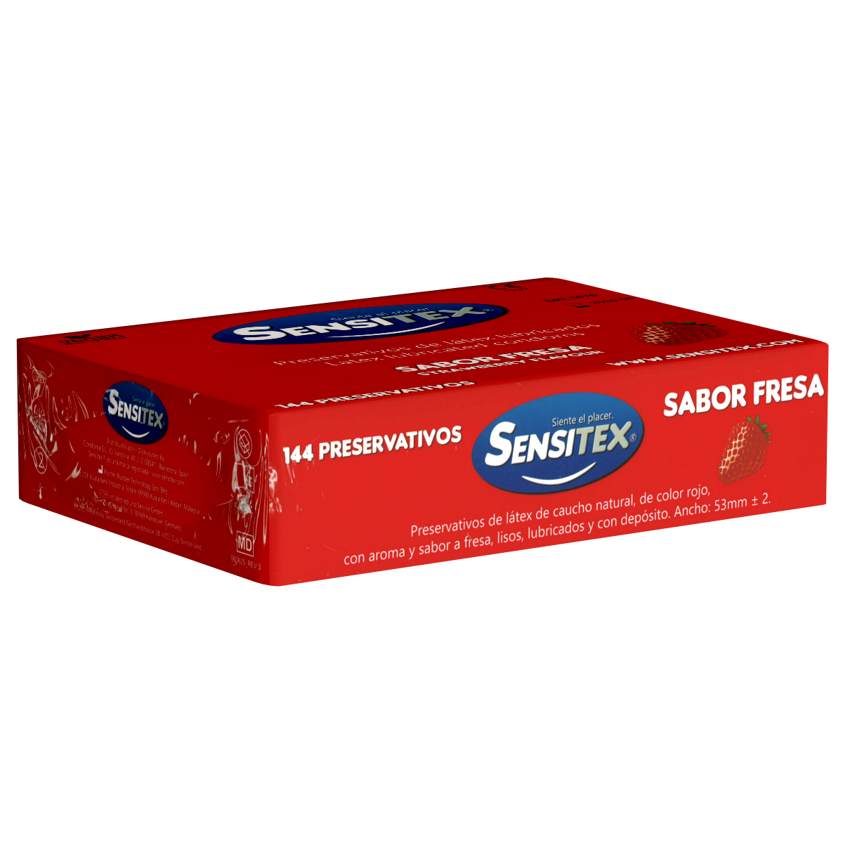 Sensitex «Fresa» (Strawberry), 144 rote und vegane Erdbeer-Kondome aus Spanien, Vorratspackung