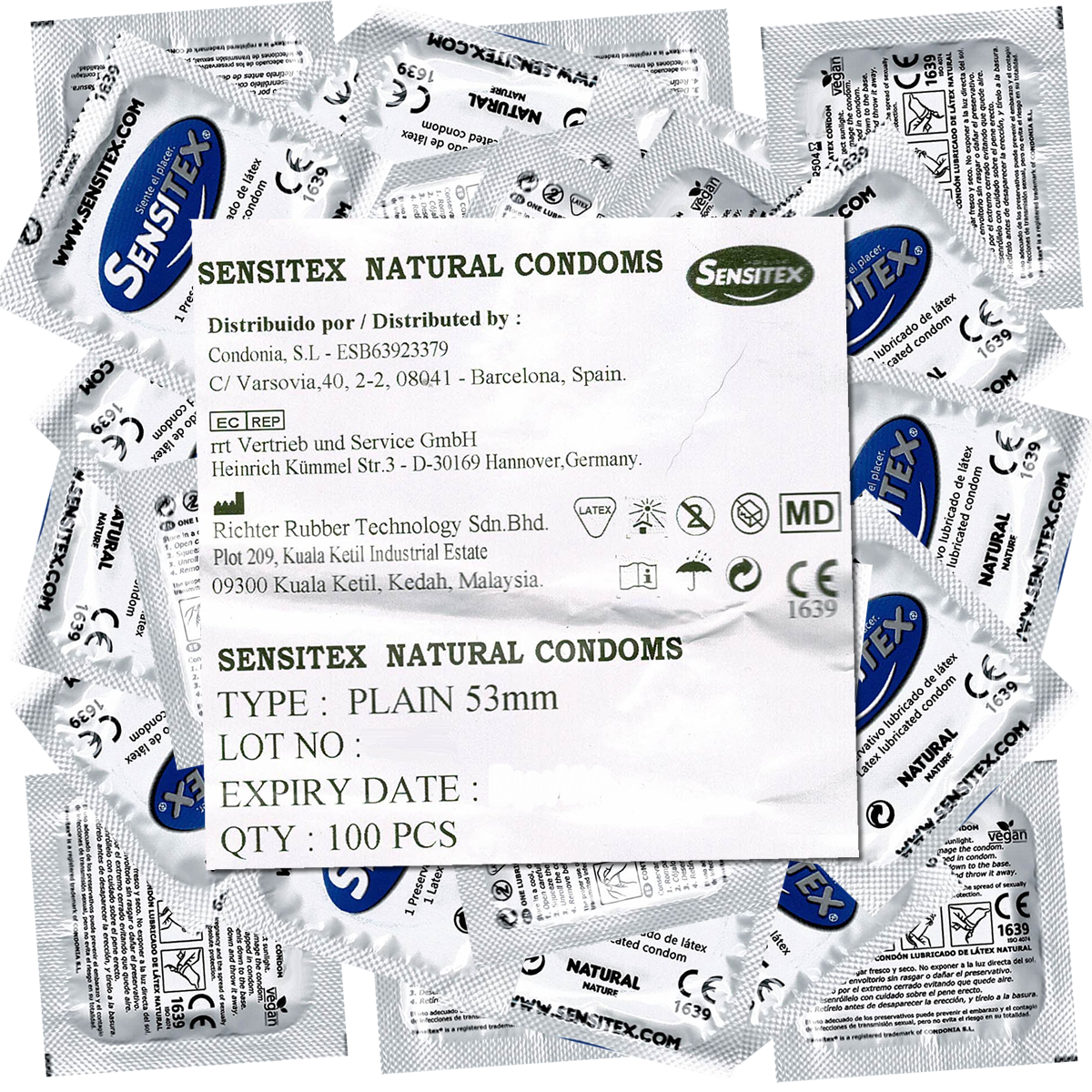 Sensitex «Natural» 100 vegan standard condoms from Spain, bulk pack