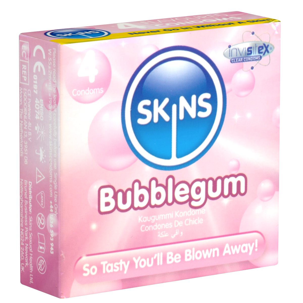 Skins «Bubblegum» 4 condoms with naughty bubblegum flavour - without latex smell