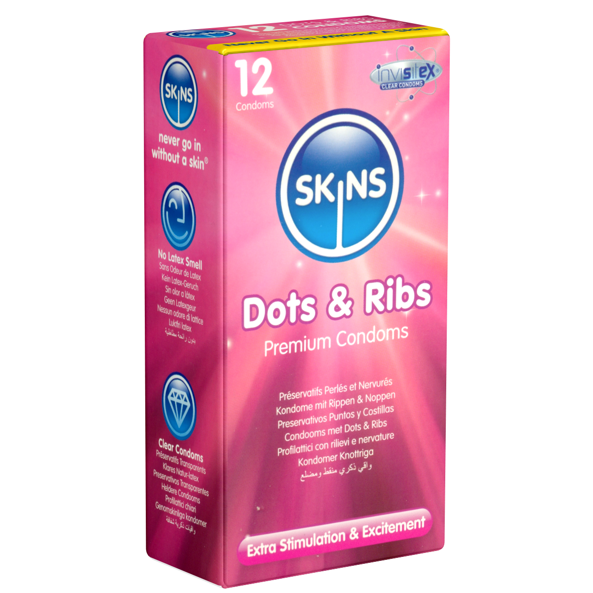 Skins «Dots & Ribs» 12 ribbed-dotted condoms made of crystal clear latex - without latex smell