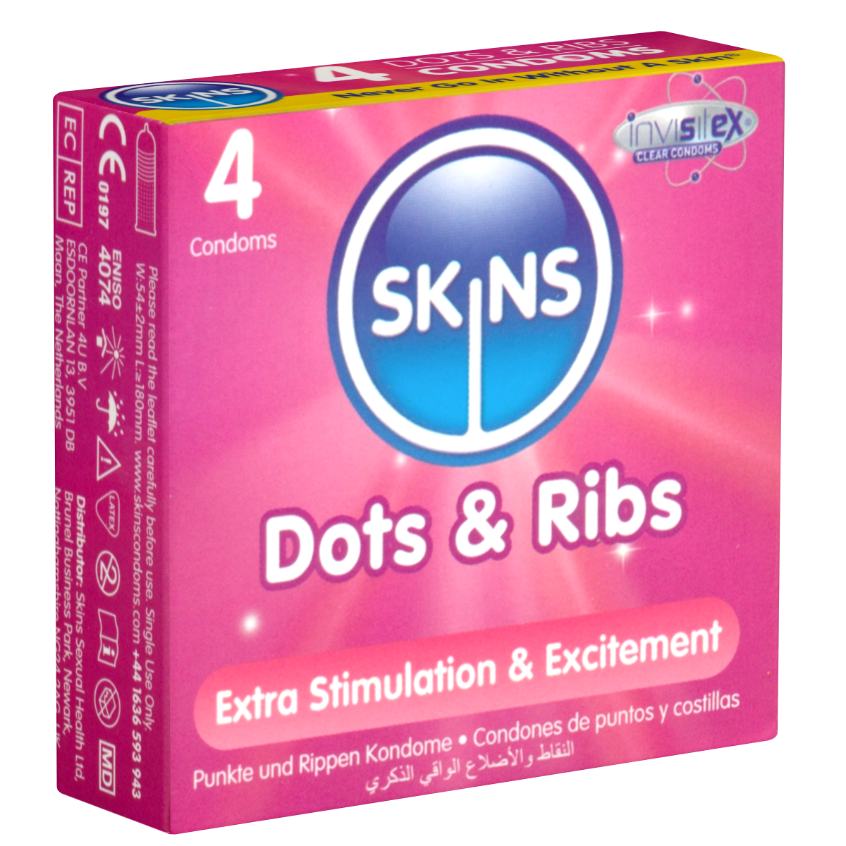 Skins «Dots & Ribs» 4 ribbed-dotted condoms made of crystal clear latex - without latex smell