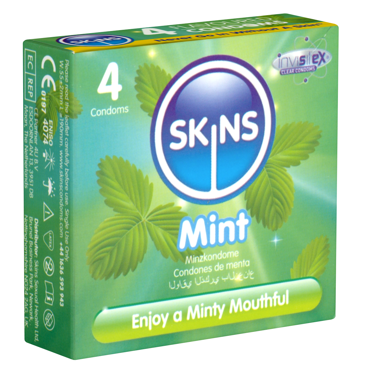 Skins «Mint» 4 condoms with refreshing mint flavour - without latex smell