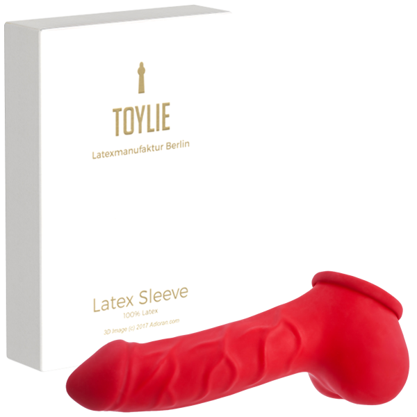 Toylie Latex Penis Sleeve «CARLOS» red, with strong veins and molded scrotum