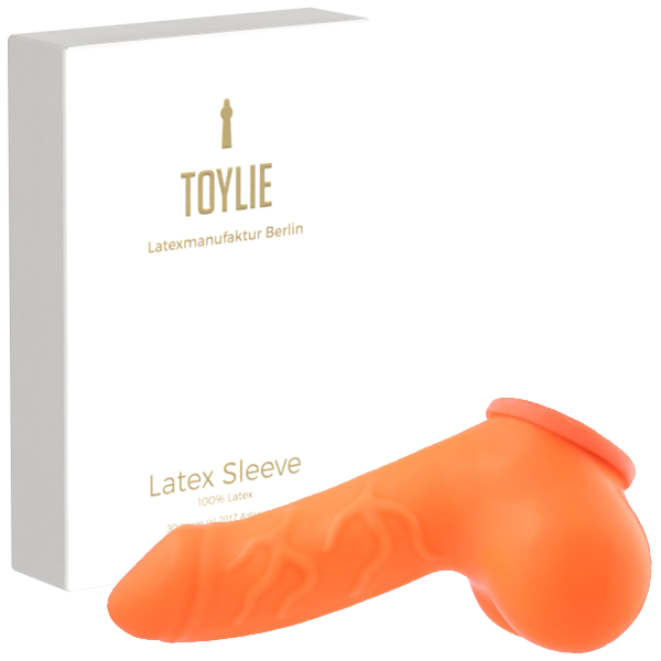 Toylie Latex Penis Sleeve «DANNY» neon orange (glow effect), with strong veins and testicle divider