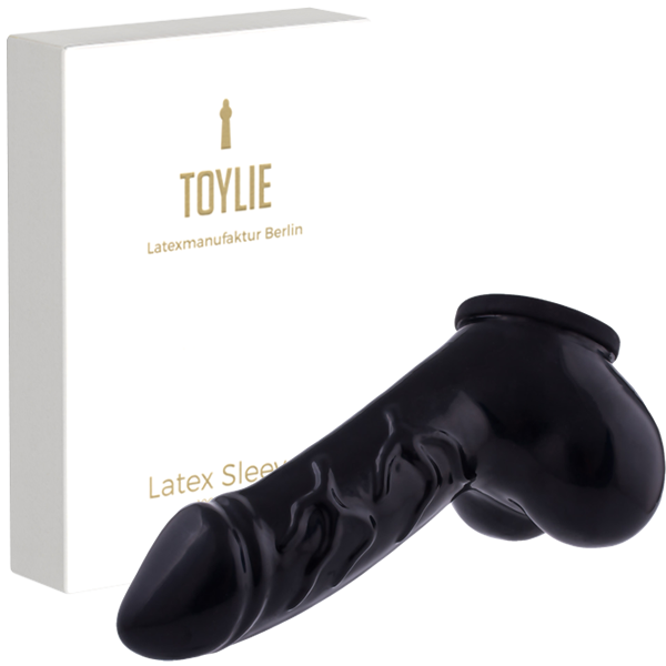 Toylie Latex Penis Sleeve «DANNY» black, with strong veins and testicle divider - suitable for vegans