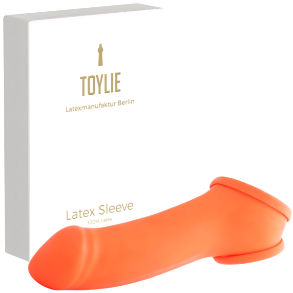 Toylie Latex Penis Sleeve «ERIK» neon orange (glow effect), with molded glans and testicle ring