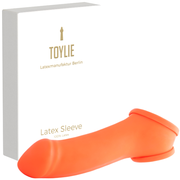 Toylie Latex-Penishülle «ERIK» neon-orange, mit ausgeformter Eichel und Hodenring