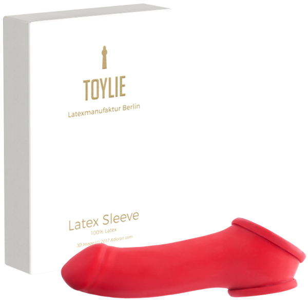 Toylie Latex Penis Sleeve «ERIK» red, with molded glans and testicle ring