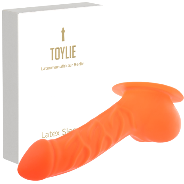 Toylie Latex Penis Sleeve «FRANZ» neon orange (glow effect), with base plate for sticking to latex clothing