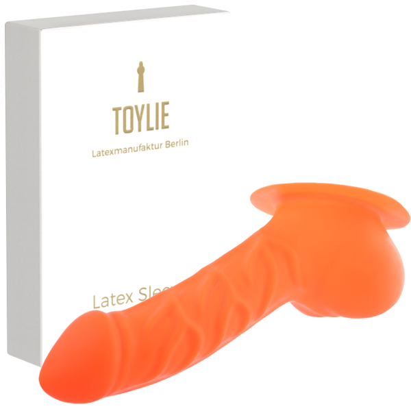 Toylie Latex-Penishülle «FRANZ» neon-orange, mit Basis-Platte zum Ankleben an Latexkleidung