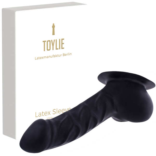 Toylie Latex Penis Sleeve «FRANZ» black, with base plate for sticking to latex clothing - suitable for vegans