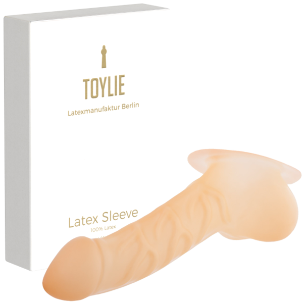 Toylie Latex Penis Sleeve «FRANZ» semi-transparent, with base plate for sticking to latex clothing - suitable for vegans