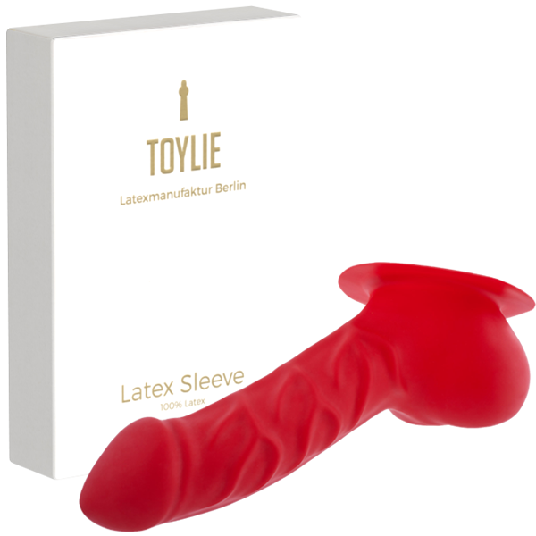 Toylie Latex Penis Sleeve «FRANZ» red, with base plate for sticking to latex clothing