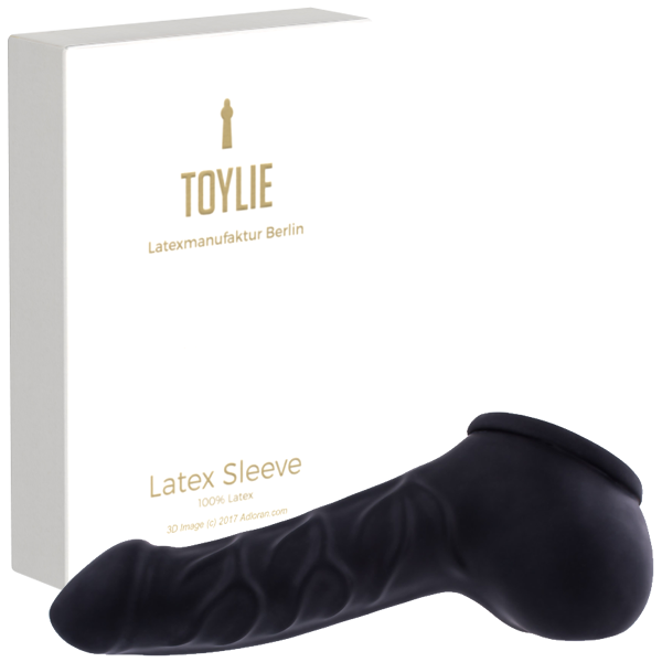 Toylie Latex Penis Sleeve «FRANZ» black, with strong veins and molded scrotum - suitable for vegans
