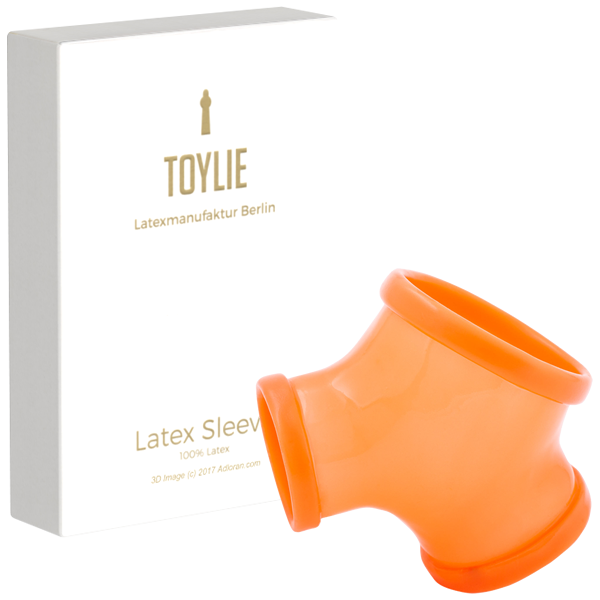 Toylie Latex Penis Sleeve «GIL» neon orange (glow effect), without shaft, with penis and testicle ring