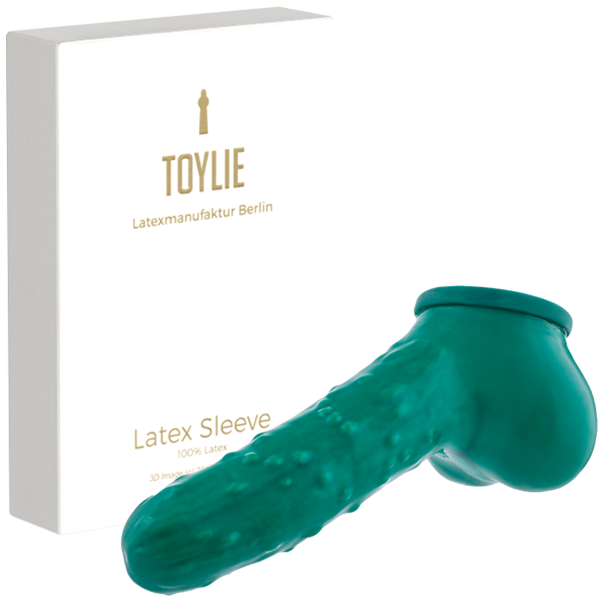 Toylie Latex Penis Sleeve «Cucumber» green, with molded scrotum