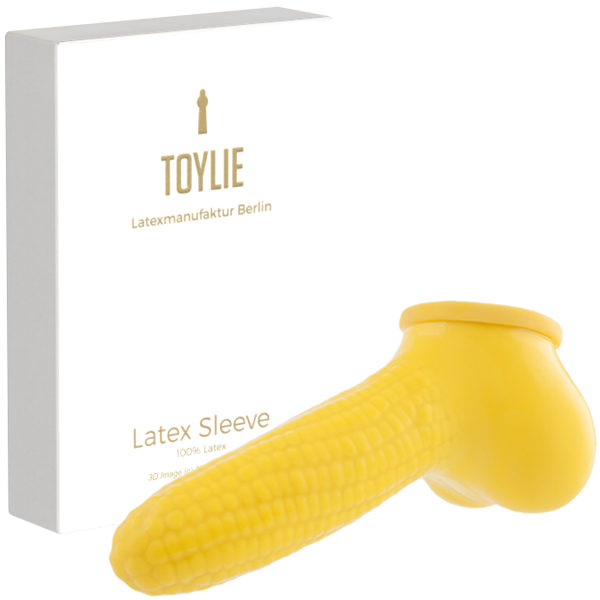 Toylie Latex Penis Sleeve «CORN ON THE COB» yellow, with molded scrotum