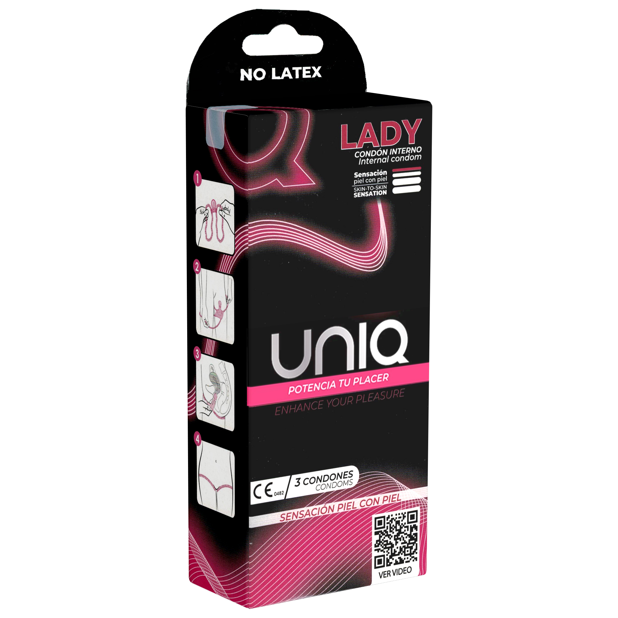 UNIQ Single: Lady Condom, 3 latex free female condoms (condom slip) - Spanish/English
