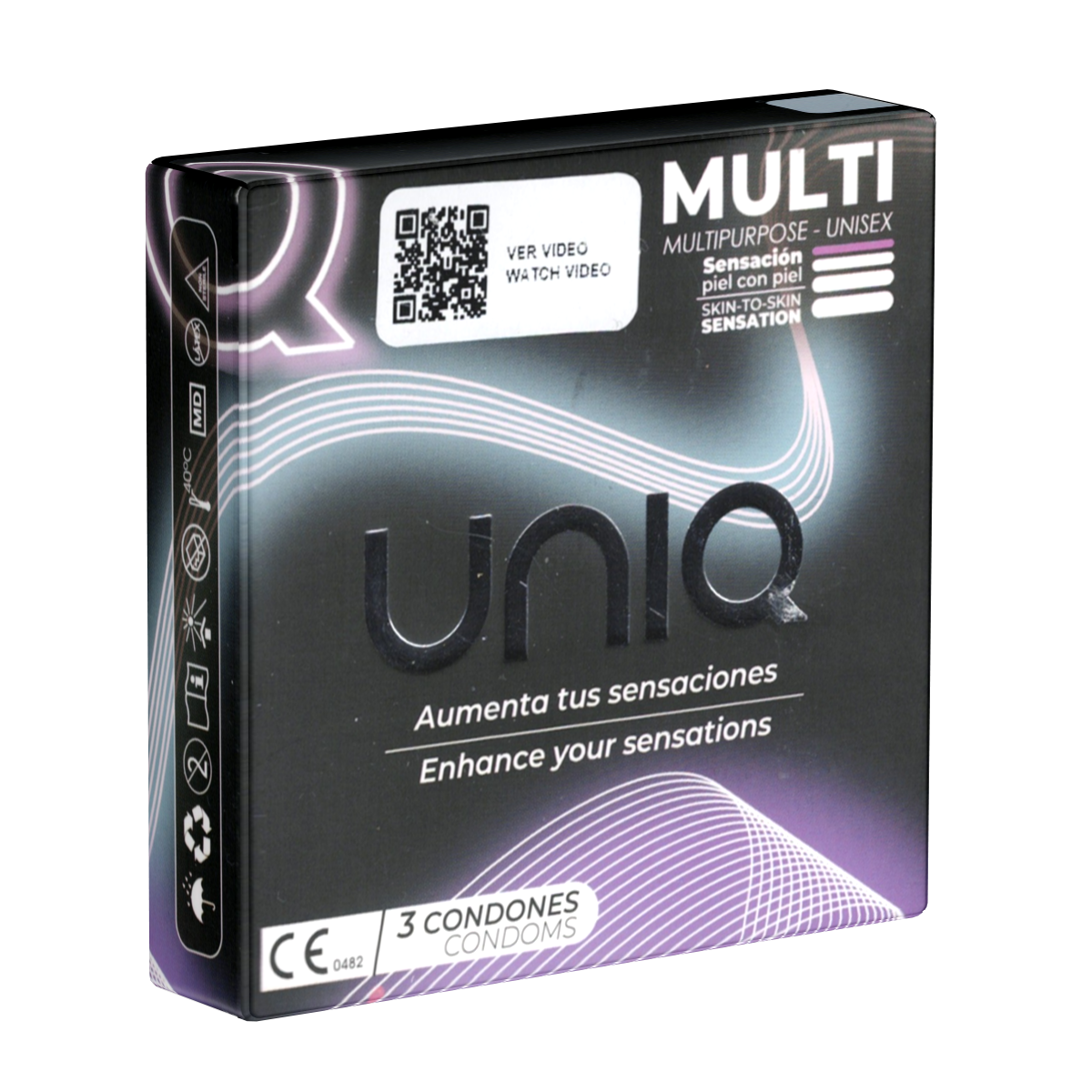 UNIQ Single: Multi Sex 0.008, 3 latex free condoms - Spanish & English