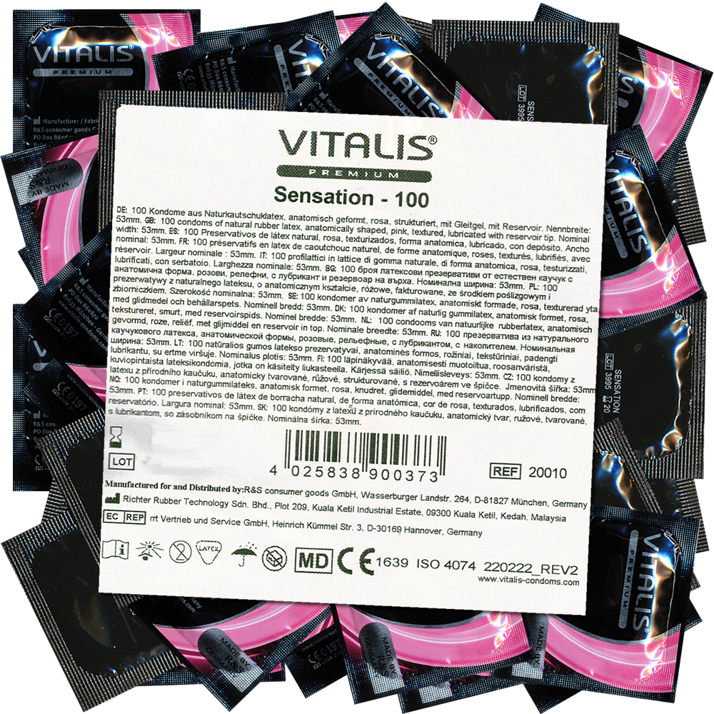 Vitalis PREMIUM «Sensation» 100 unbelievable stimulating condoms with 3-in-1 effect, bulk pack