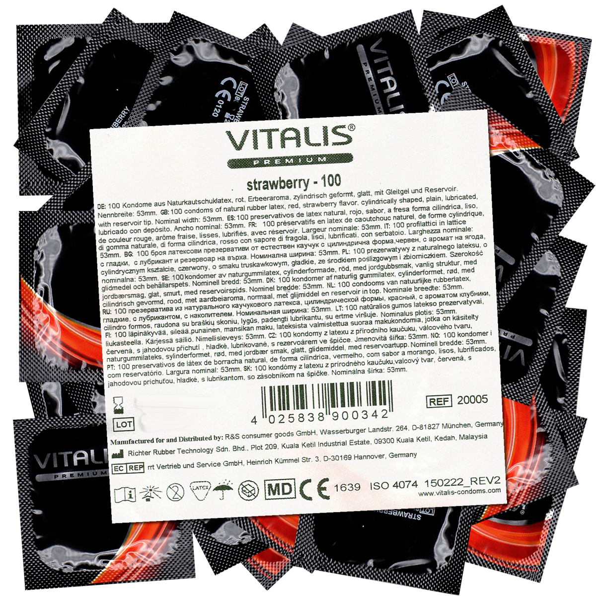 Vitalis PREMIUM «Strawberry» 100 red condoms for oral sex - with strawberry flavor, bulk pack