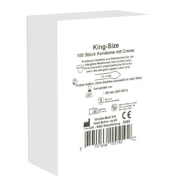 Worlds Best «King Size XX-Large» 100 extra large condoms from Denmark - with shaped head, big box