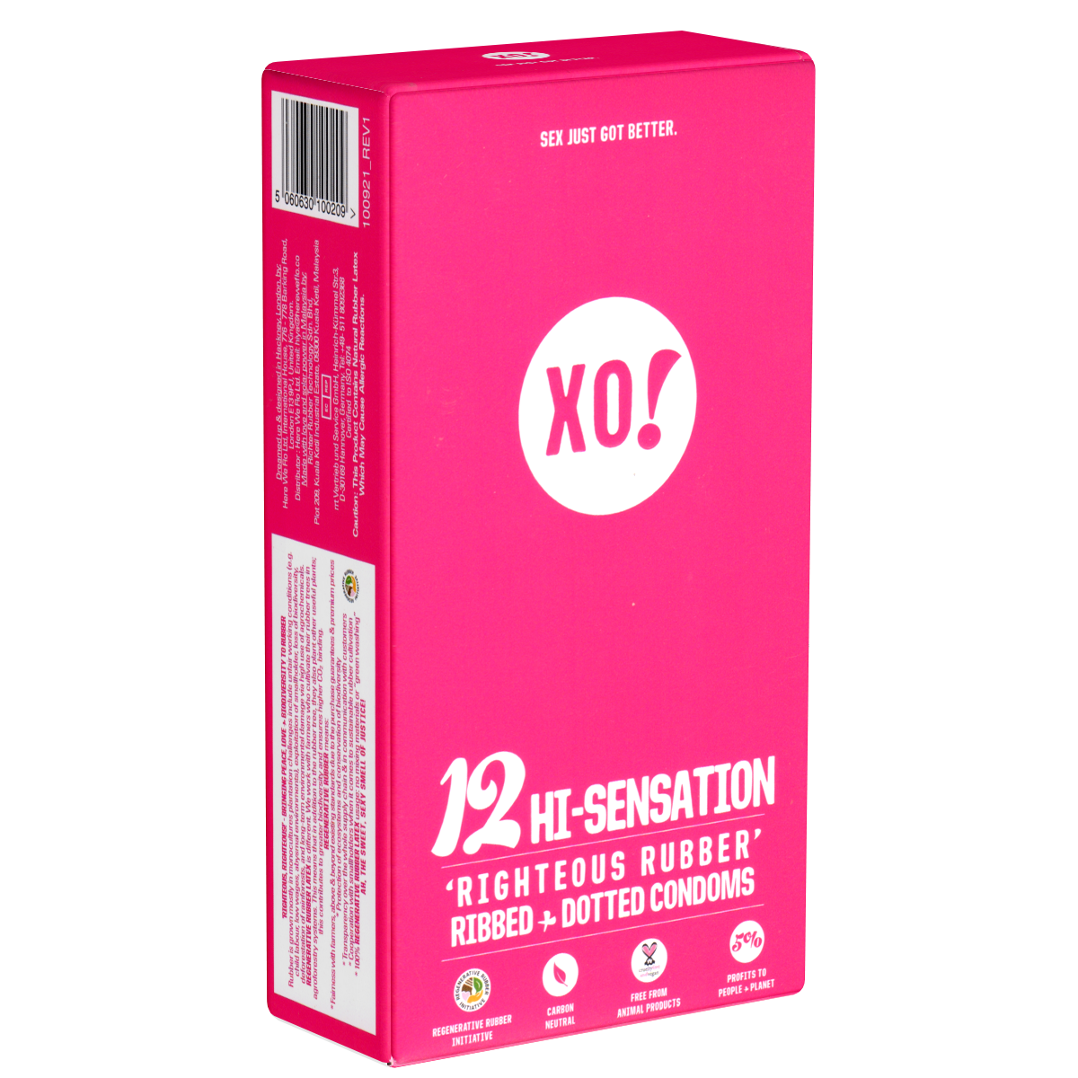 XO! «HI-Sensation» 12 stimulating vegan condoms with ribs and dots - made of biodegredable Fair Trade latex