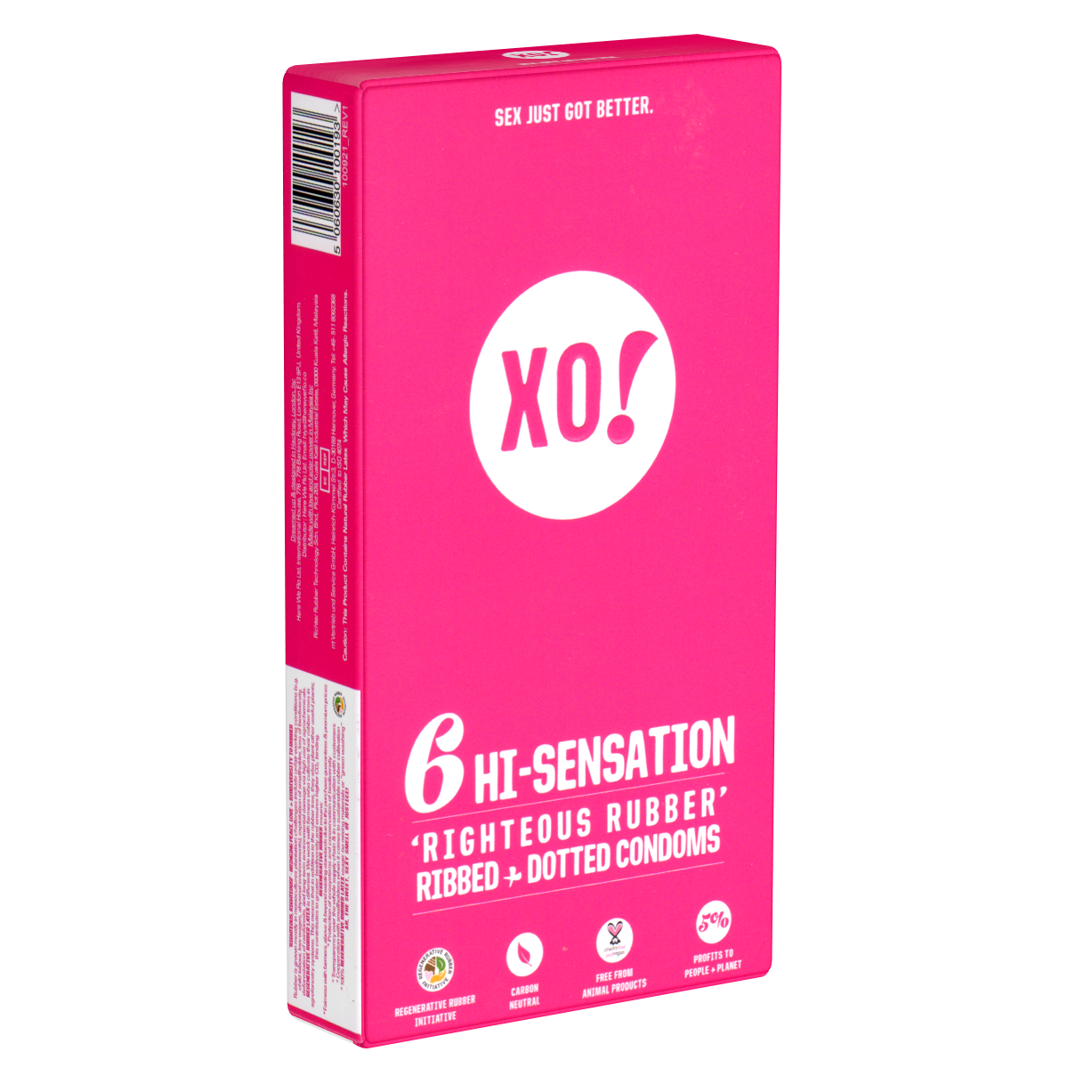 XO! «HI-Sensation» 6 stimulating vegan condoms with ribs and dots - made of biodegredable Fair Trade latex