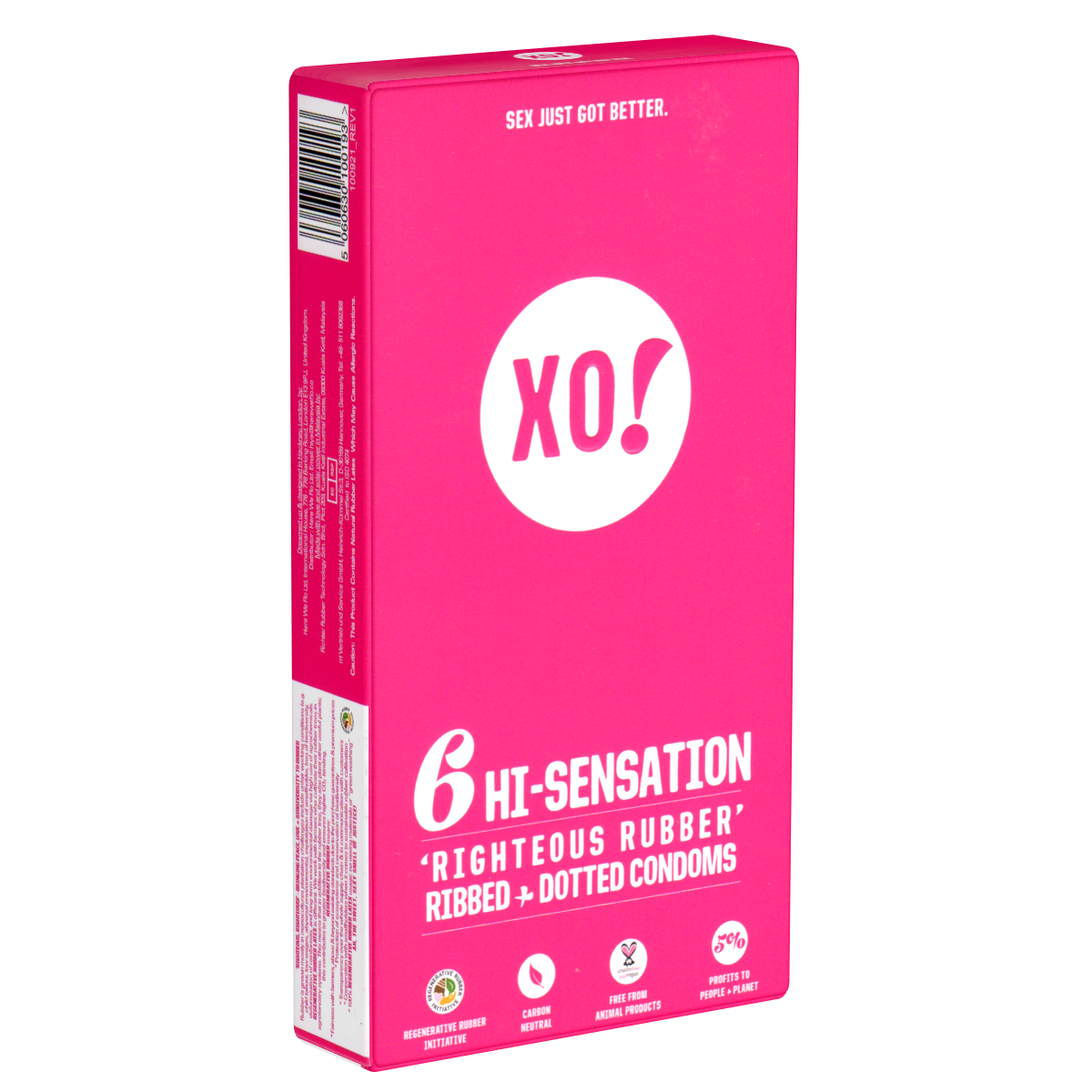 XO! «HI-Sensation» 6 stimulierende, vegane Kondome mit Rippen und Noppen - biologisch abbaubar