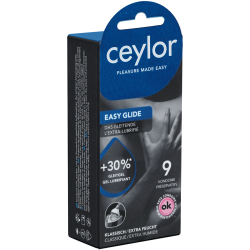 Ceylor «Easy Glide» 9 extra feuchte Kondome mit 30% mehr Gleitmittel, verpackt im hygienischen Dösli