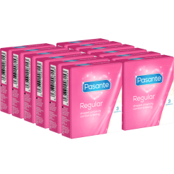Pasante «Regular» (Vorteilspack!) 12x3 anatomische Kondome mit besonders großem Kopfteil
