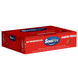 Sensitex «Fresa» (Strawberry), 144 rote und vegane Erdbeer-Kondome aus Spanien, Vorratspackung