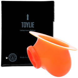 Toylie Latex-Penishülle «BEN» neon-orange, ohne Schaft, mit Basis-Platte zum Ankleben an Latexkleidung
