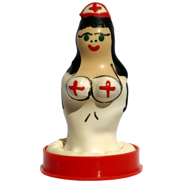 Scherzkondom mit Figur «Krankenschwester» schwarzhaarig, 1 Stück, handbemalt