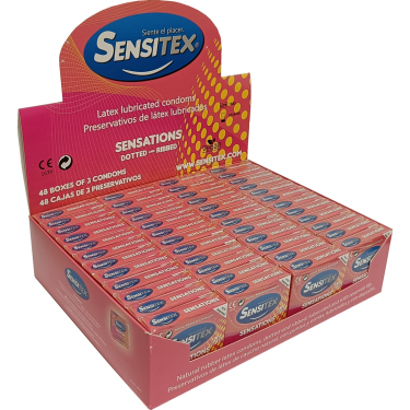 Sensitex «Sensations» 48 x 3 stimulating and vegan condoms from Spain, display
