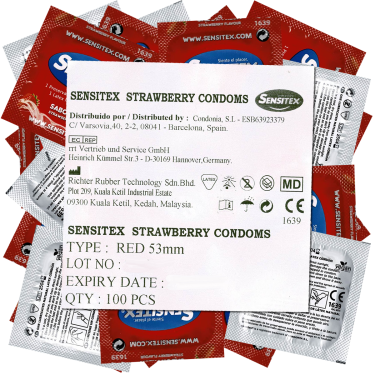 Sensitex «Fresa» (Strawberry) rote und vegane Erdbeer-Kondome aus Spanien, Vorratspackung