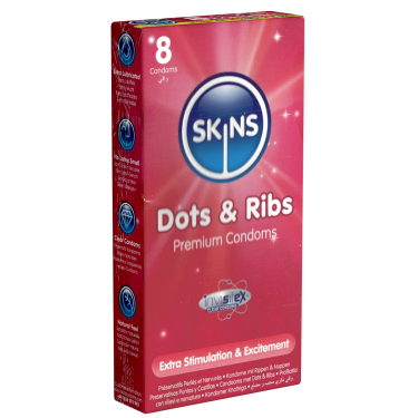 Skins «Dots & Ribs» 8 gerippt/genoppte Kondome aus kristallklarem Latex - ohne Latexgeruch