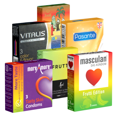 Kondomotheke® Fruity Tasty Mega Mix SIXPACK - 6x3 multi-coloured condoms with taste (18 condoms)