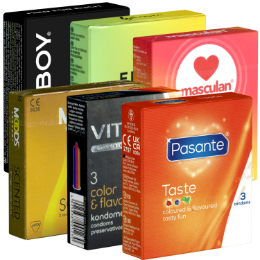 ! Kondomotheke® Fruity Tasty Mega Mix SIXPACK - 6 x 3 bunte Kondome mit Aroma (18 Kondome)