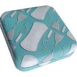 Condom box / tin box, green with motif «Tampons & Co»