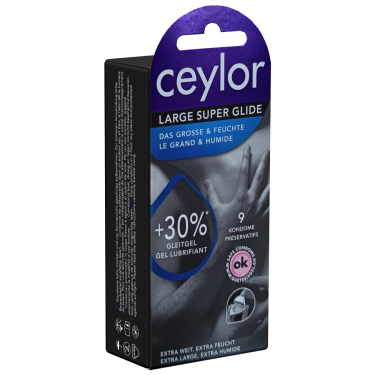 Ceylor «Large Super Glide» 9 extra wide condoms with cream lubricant, hygienically sealed in condom pods