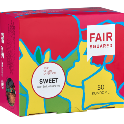 Fair Squared «Sweet» Celebrate your Love, 50 vegane und aromatisierte Fair-Trade-Kondome - rot, mit Erdbeer-Aroma